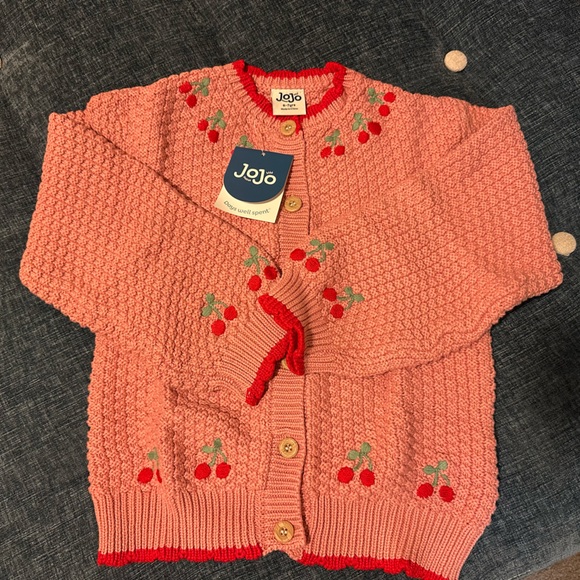 JoJo Maman Bébé Pink Cherry Textured Knit Embroidered Cardigan 6-7Y - Picture 2 of 4